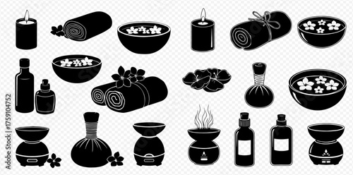 Spa and wellness elements: candles, towels, oils, flowers, and aromatherapy diffusers in a minimalist black and white design.