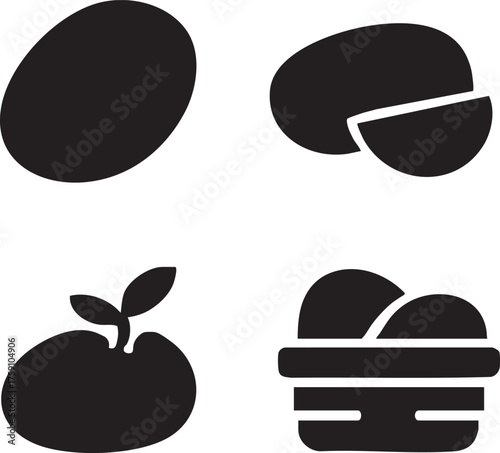 set of 4 small potato icons: whole, sliced, sprout, basket each a separate pure black closed-path vector on transparent background
