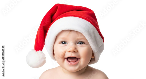 Happy baby wearing Santa hat on a black background