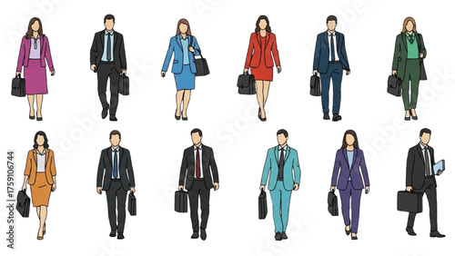 Elegant Black Outline Colorful Art of Office Workers with Briefcases and Bags – Minimal Business People Illustration