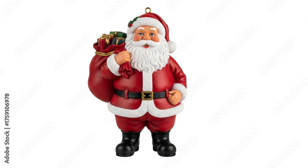 Fototapeta premium Santa Claus figurine with sack of gifts, isolated on black background on transparent background