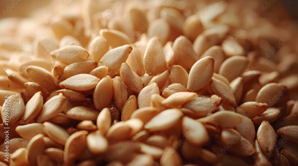 Obraz premium Golden sesame seeds are scattered in a warm, soft light.