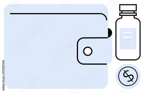 Wallet, medicine bottle, and dollar sign emphasize financial aspects of medical care. Ideal for healthcare, expense management, insurance, budgeting, savings, prescription costs simple flat metaphor