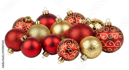 Christmas ornaments with gold and red swirl patterns isolated on black