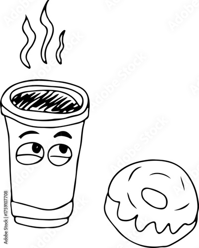 A whimsical paper cup with eyes, filled with hot coffee, paired with a glazed donut. Illustrated in a grunge style using flowing curved black lines for a bold, playful effect