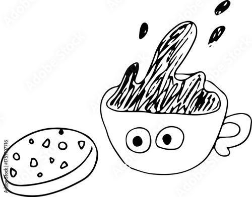 A humorous cup with eyes, spilling coffee, accompanied by chocolate chip cookies. Illustrated in a grunge style with flowing curved black lines, giving it a bold and playful look