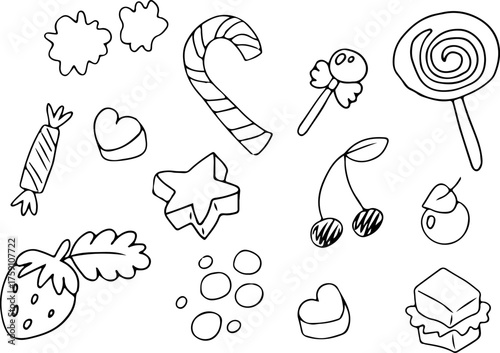An assortment of sweet treats including candies, berries, a candy cane, chocolate, strawberry, heart-shaped candy, spiral lollipop. Grunge style curved black lines, creating a lively composition