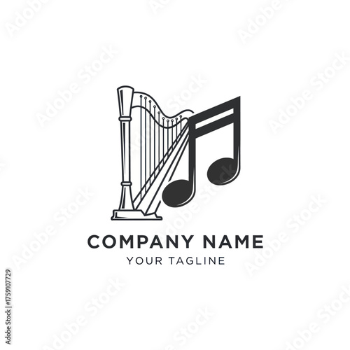 Elegant line art logo of a classical harp with music notes.