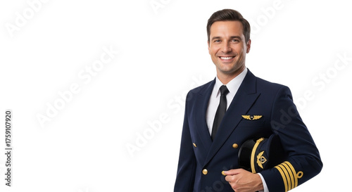 Smiling male pilot holding cap in uniform with wings emblem on black background