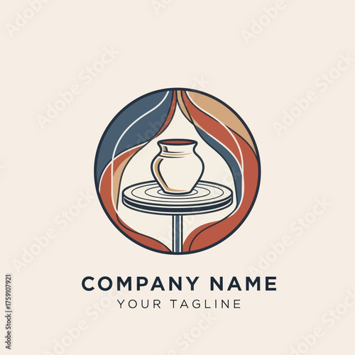 Pottery wheel with clay pot in a circular artistic design.