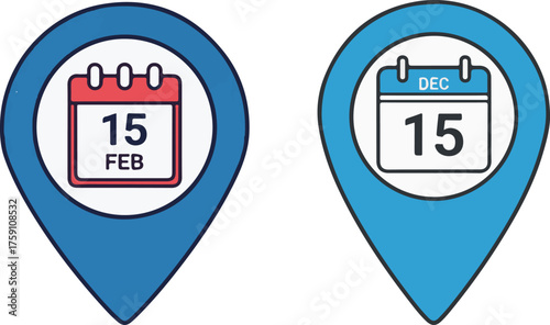 Flat Design Blue Location Pin Icons with Calendar Date