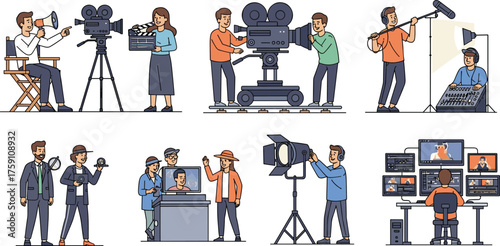 Cartoon Film Crew Working with Cameras, Lights, Audio, and Editing Gear, Calm Mood, Seven-Scene Movie Production Series
