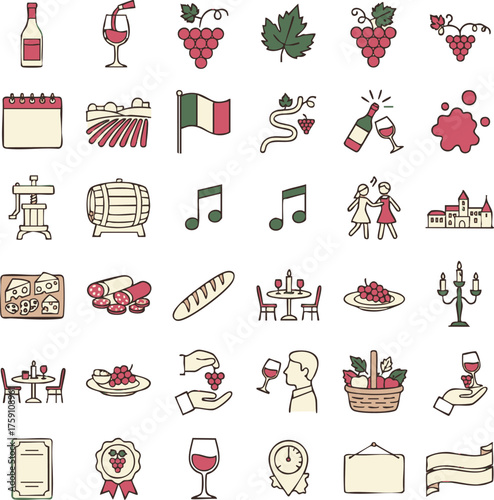 Wine Tasting and Italian Gastronomy Hand-Drawn Icon Set. Vineyard, Sommelier, and Rustic Food Symbols