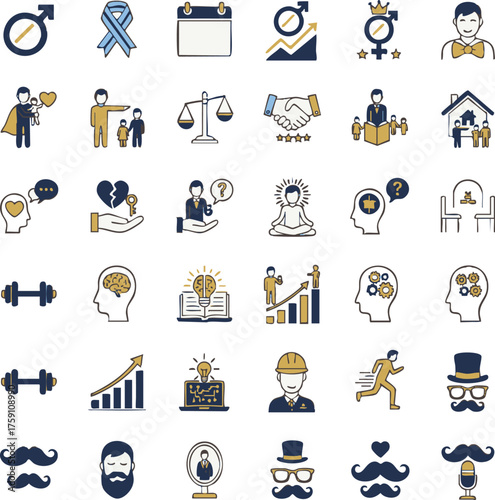 Men's Wellness and Role Model Doodle Icons Set. Line Art Vector for Mental Health, Leadership, and Grooming