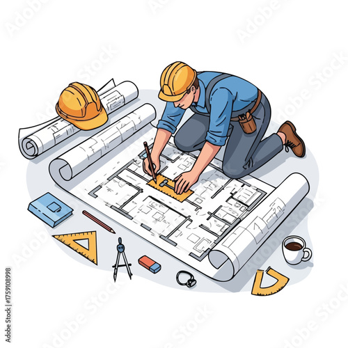 An architect meticulously works on a detailed blueprint, surrounded by tools and rolls of architectural plans, designing a building's layout.