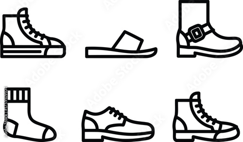 Assorted Footwear Collection Represented in Minimalist Black and White Line Art