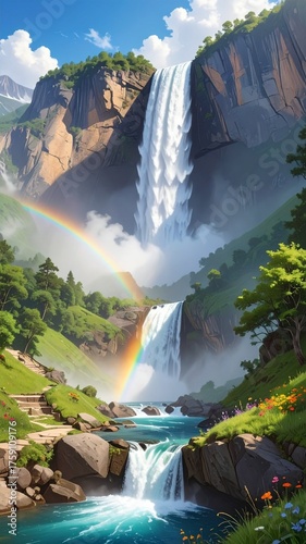 Majestic Waterfall Cascading Down Rocky Cliffs with Rainbow.