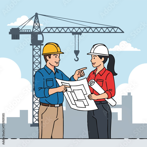 Two construction workers in hard hats review blueprints together, discussing building plans with a crane in the background, a symbol of collaboration.