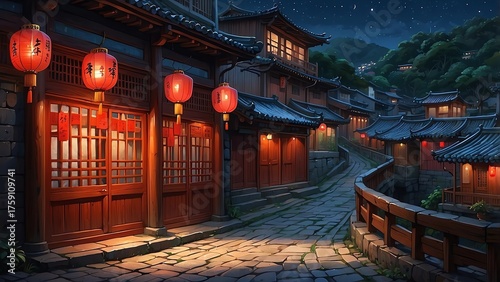 ゲーム背景　中国山奥の幻想的歓楽街が静まり返った夜明け風景
