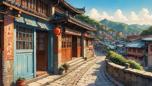 ゲーム背景　ファンタジー世界の街並みの階段上から見下ろす風景