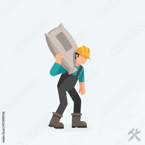 A construction worker carries a heavy bag of material on his shoulder, demonstrating labor and construction work in an illustrated style.