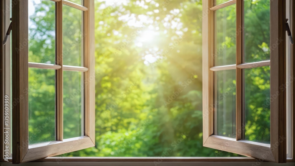 Naklejka premium Digital detox relaxation Sunlight streams through an open window, illuminating lush greenery outside.