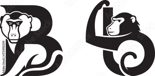 Bold Black and White Monkey and Baboon Alphabet Illustrations
