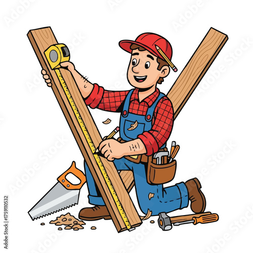 A cheerful carpenter, wearing a red cap and overalls, measures a wooden plank with a tape measure while kneeling.