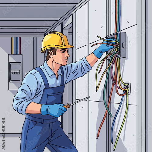 An electrician wearing a hard hat and gloves works on a complex electrical wiring system, ensuring safe and efficient power distribution.