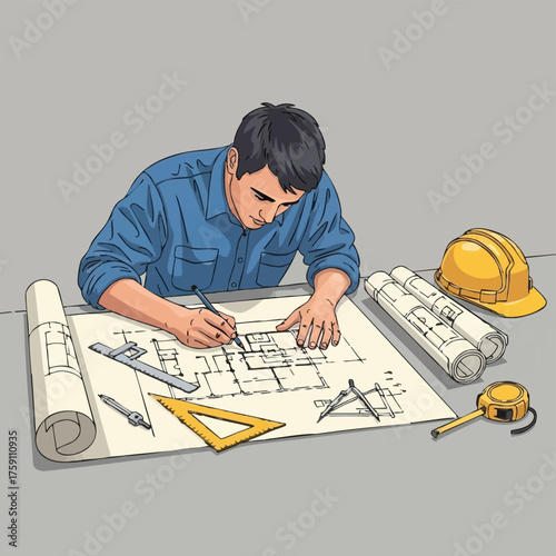 An architect meticulously works on a blueprint, surrounded by essential tools like a hard hat and rolled plans, illustrating design and construction.