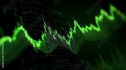 Fluorescent green financial charts display market fluctuations on a dark background.