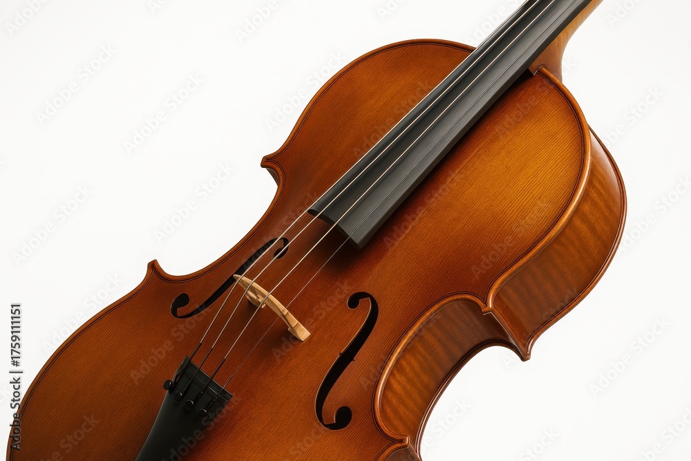 Fototapeta premium Cello body closeup diagonal from tailpiece to upper bout isolated on white fine purfling visible with controlled highlights on curved ribs elegant instrument detail