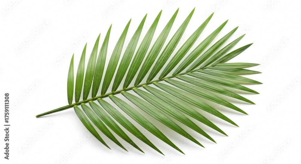Fototapeta premium Vibrant green palm frond with delicate leaflets arranged against a stark white background