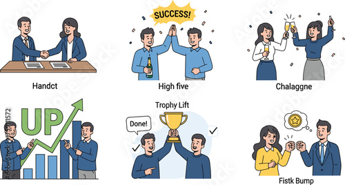 Cartoon People Celebrating Success with Handshake, High Five, Trophy, Toast, and Graphs, Calm Mood, Six-Scene Business Series