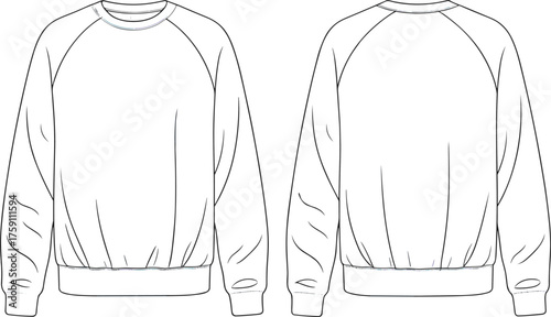 Classic raglan sleeve sweatshirt front and back technical flat sketch, fashion cad drawing, unisex apparel design vector illustration template