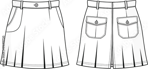 Classic pleated skirt fashion cad drawing, detailed flat vector illustration, modern apparel design template for clothing designers and garment manufacturers