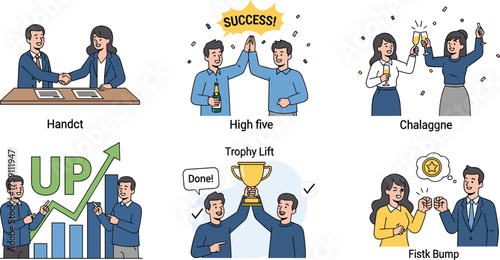 Cartoon People Celebrating Success with Handshake, High Five, Trophy, Toast, and Graphs, Calm Mood, Six-Scene Business Series
