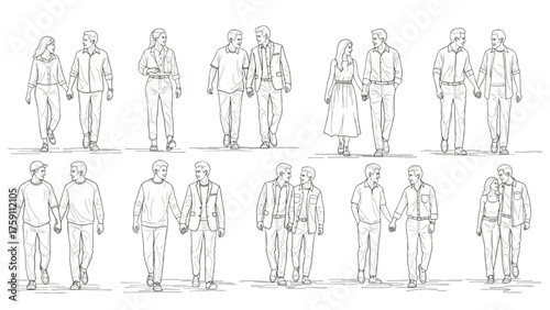 Black Outline Art of Couples Walking Hand in Hand – Romantic Minimal Illustration of Togetherness