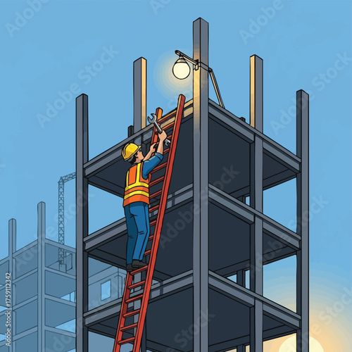 A construction worker uses tools on a steel frame building, installing a light fixture on the top floor during daylight hours.