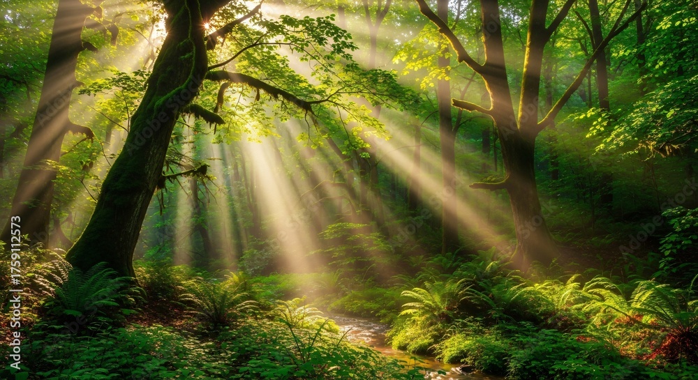 Obraz premium Sunbeams filter through lush green forest canopy illuminating a gentle stream and ferns