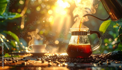 
Perintah
Close-up of coffee brewing in a glass pot with steam, realistic reflections and motion blur.
