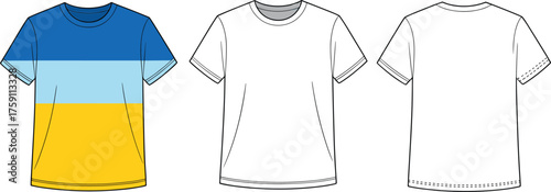 Modern color block t-shirt fashion cad drawing, flat vector illustration, stylish apparel template for clothing design, textile pattern, and presentation