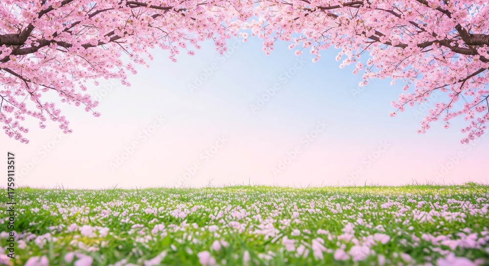 Obraz premium A field of grass scattered with pink cherry blossoms under a soft blue and pink sky