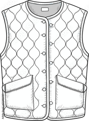 Quilted sleeveless vest front view technical flat, detailed cad drawing vector, winter fashion outerwear design, stylish padded jacket illustration