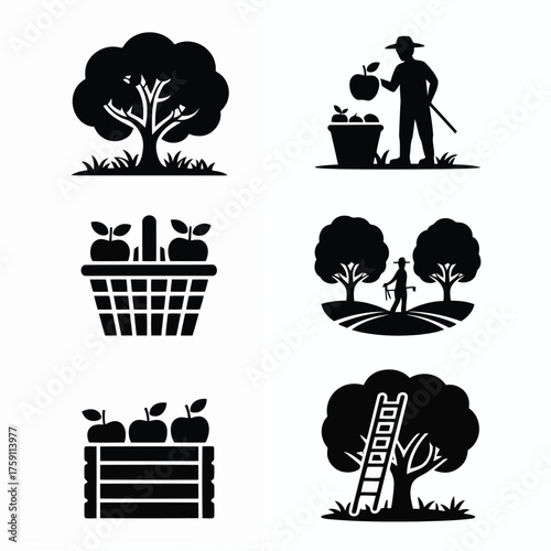 Apple harvesting icons: trees, farmer, basket, crate, ladder