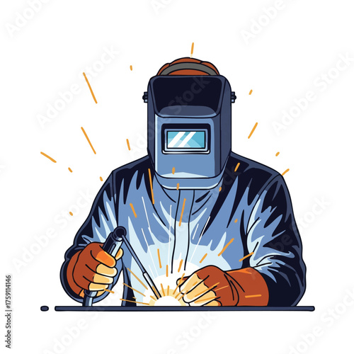 A skilled welder, protected by a helmet and gloves, expertly works with metal, creating sparks and glowing light during the welding process.
