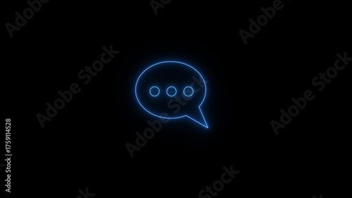 Glowing blue neon speech bubble icon with three dots indicating ongoing conversation or typing on a dark background