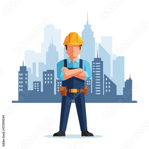 A confident construction worker stands proudly with arms crossed, wearing a yellow hard hat, against a city skyline background, ready for work.