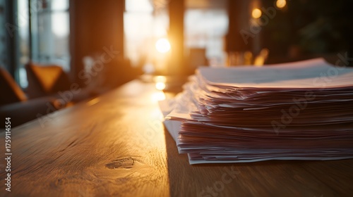 Stack of documents bathed in warm sunlight on a wooden desk.