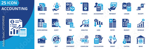 Accounting icon set collection in flat style. Icon pack contains accounting, balance, ledger, assets, invoice, receipt, payment, expense, revenue, loss